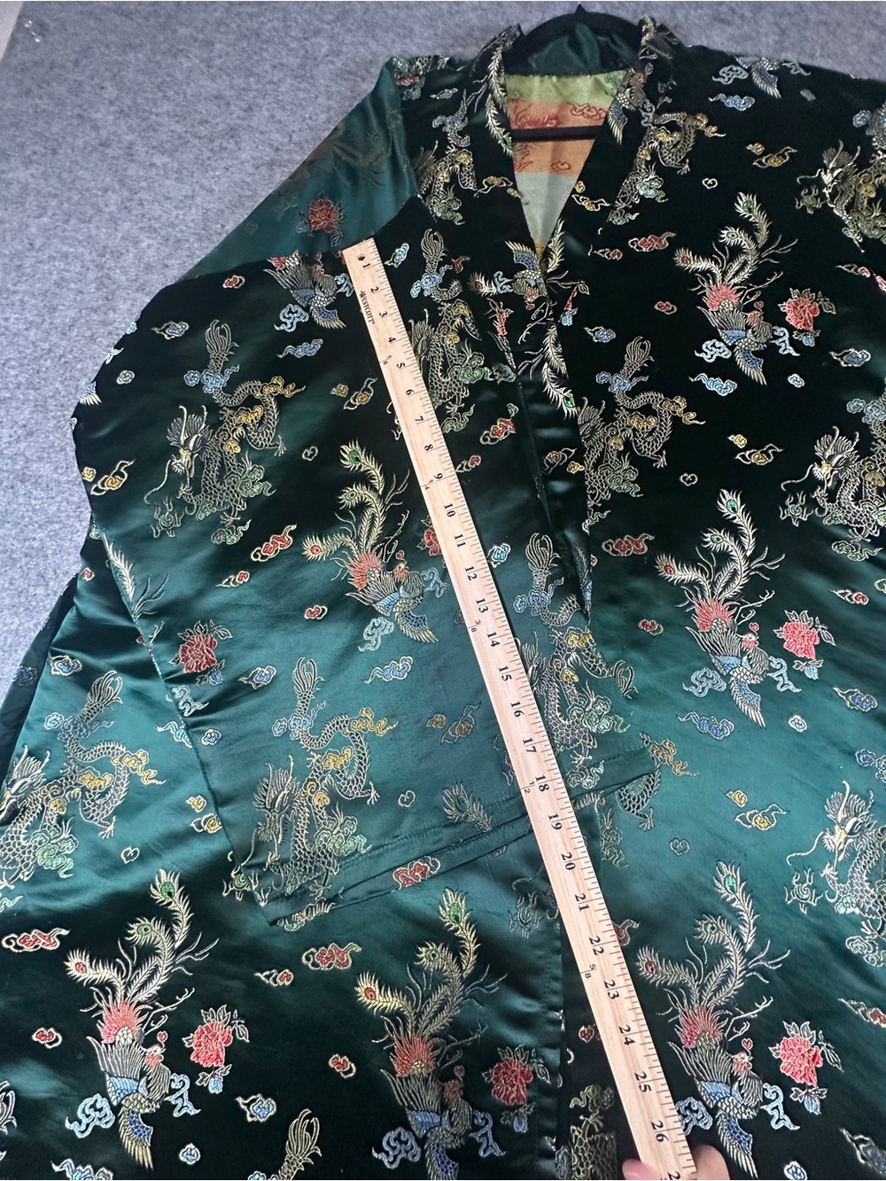 Emerald Green Floral Satin Wrap Coat Kimono - Picture 13 of 13